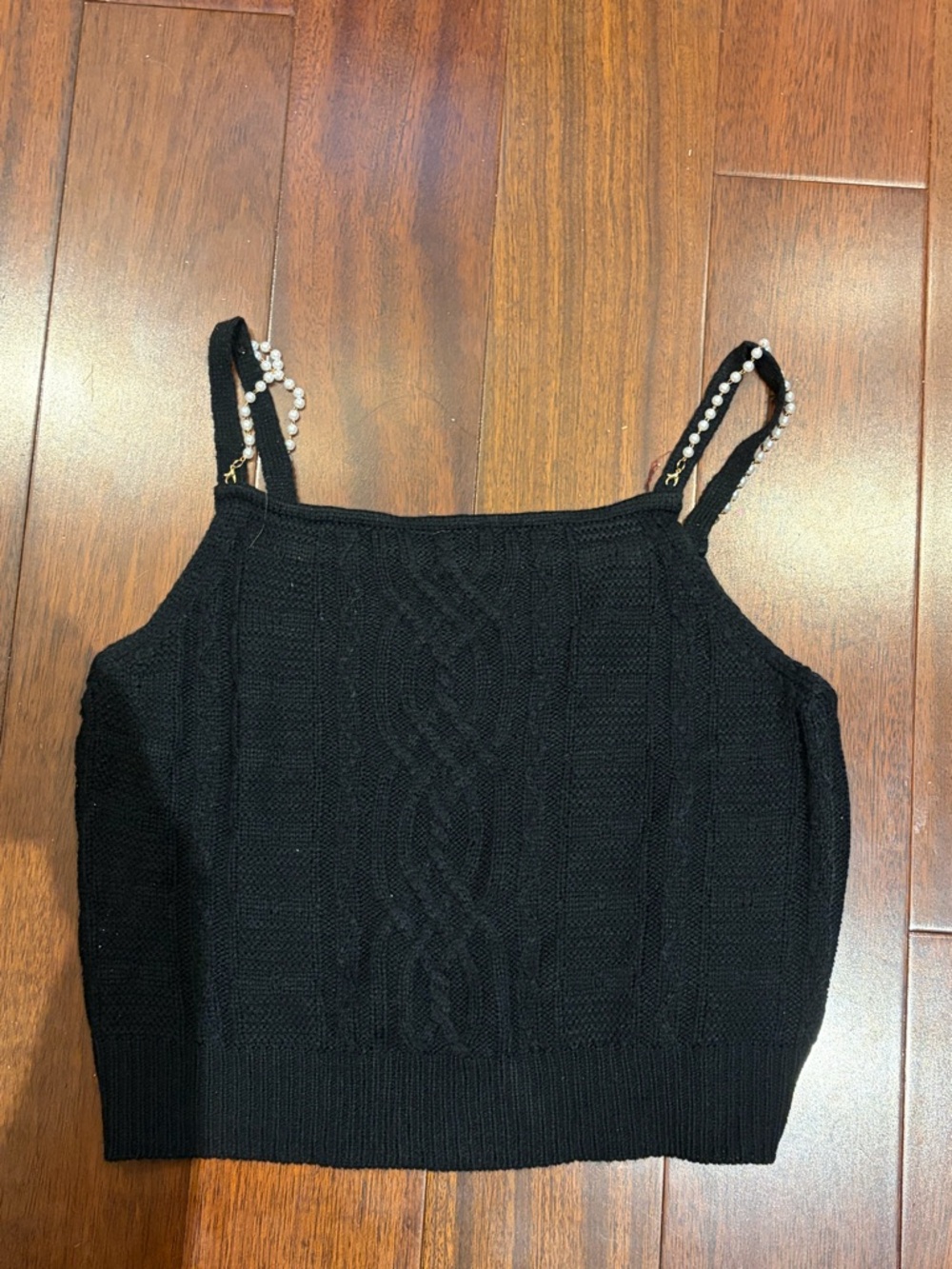 Black Cable Knit Crop Tank with Pearl-Embellished Straps